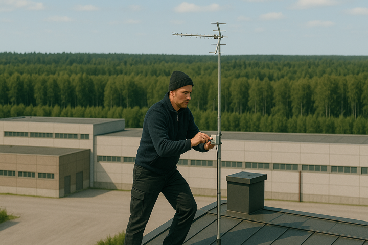 Tekniker justerar TV-antenn på taket.png
